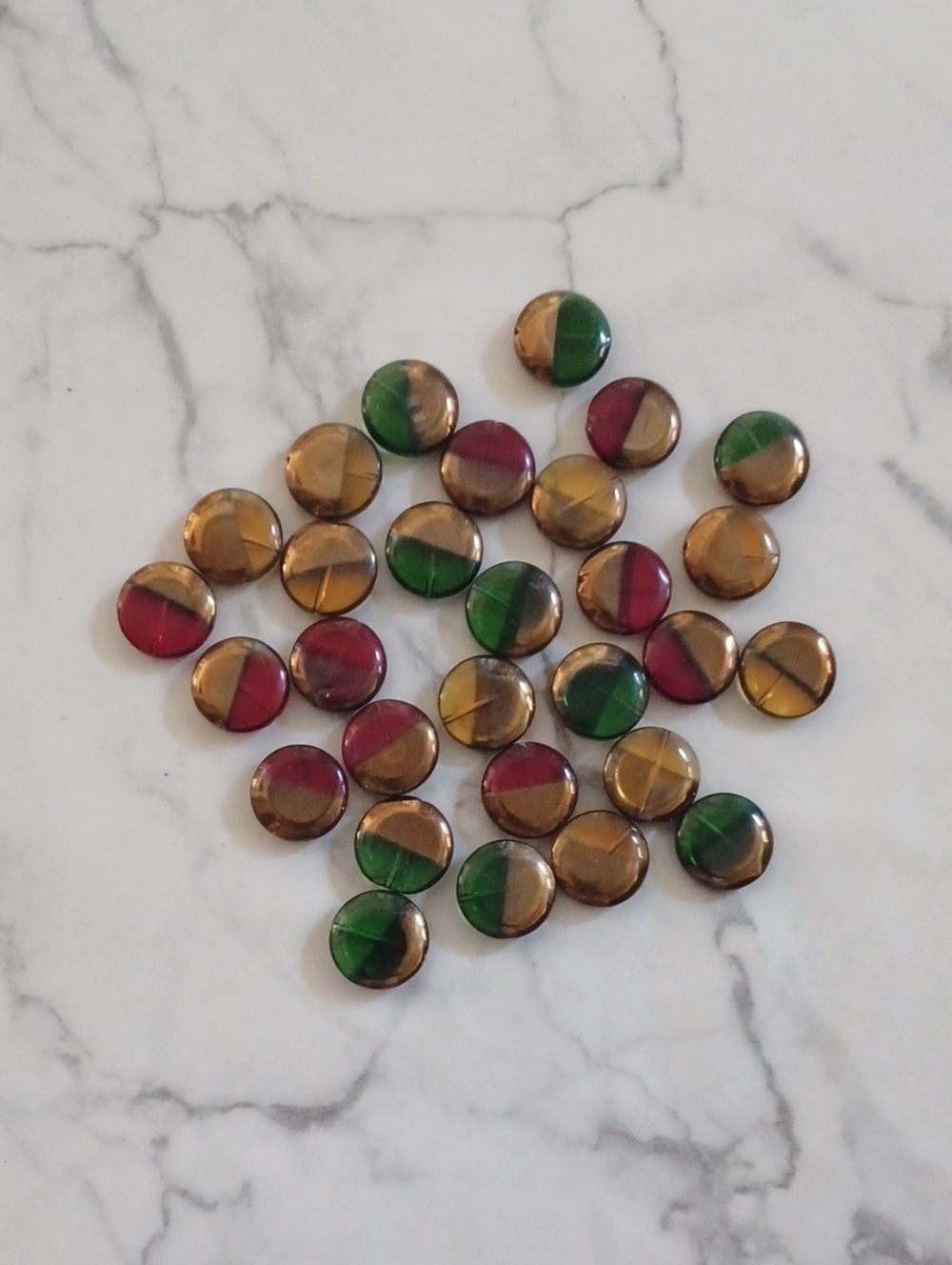 4/$30 New Round Two-Tone Decorative Cabochons - Red, Green & Gold